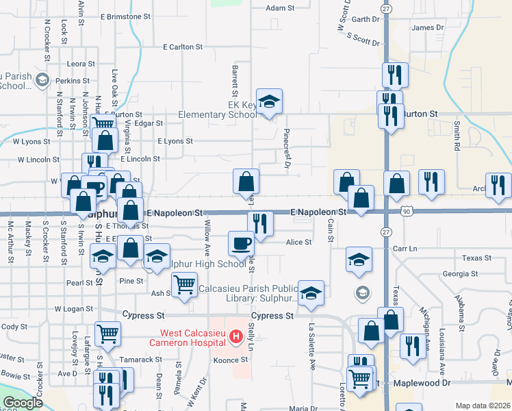 map of restaurants, bars, coffee shops, grocery stores, and more near 902 East Napoleon Street in Sulphur