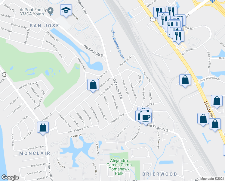map of restaurants, bars, coffee shops, grocery stores, and more near 7819 Mendoza Drive in Jacksonville