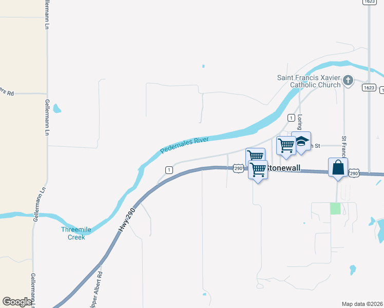 map of restaurants, bars, coffee shops, grocery stores, and more near 267 Ranch Road 1 in Stonewall