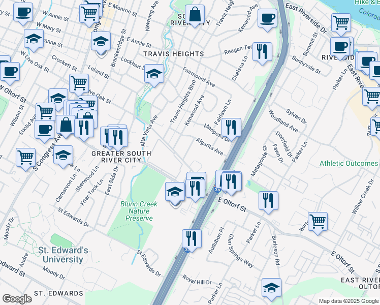 map of restaurants, bars, coffee shops, grocery stores, and more near 2115 Glendale Place in Austin