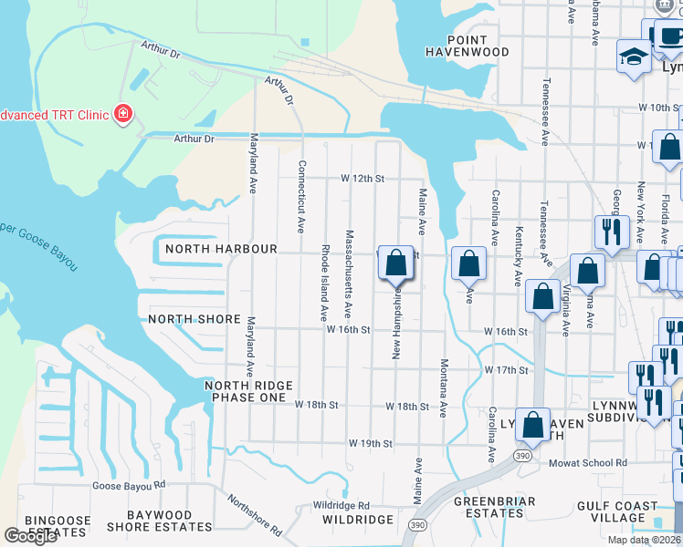 map of restaurants, bars, coffee shops, grocery stores, and more near 1404 Massachusetts Avenue in Lynn Haven