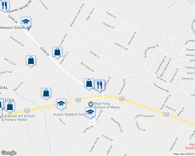 map of restaurants, bars, coffee shops, grocery stores, and more near 8815 Sam Carter Drive in Austin
