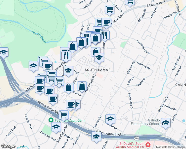 map of restaurants, bars, coffee shops, grocery stores, and more near 3628 Menchaca Road in Austin