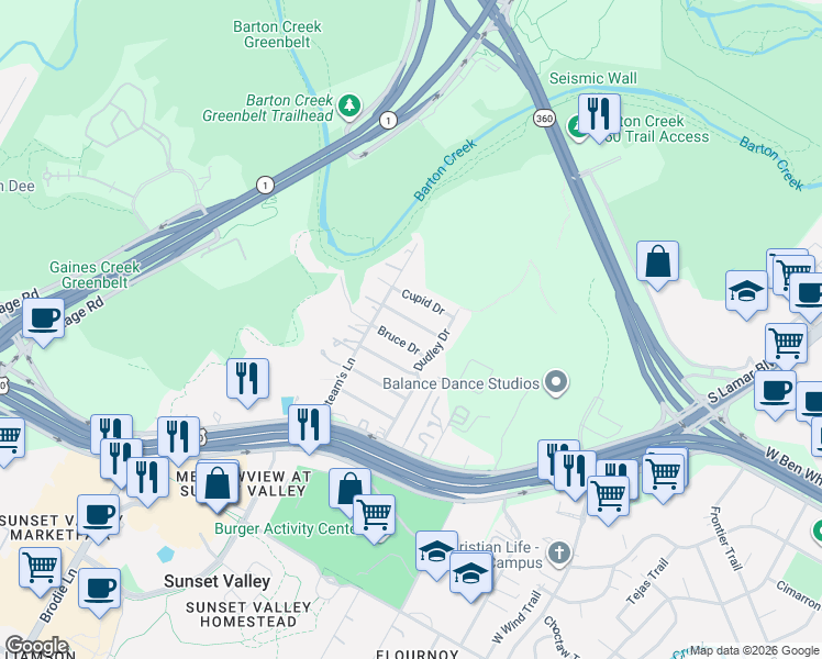 map of restaurants, bars, coffee shops, grocery stores, and more near 3209 Nancy Gale Drive in Austin