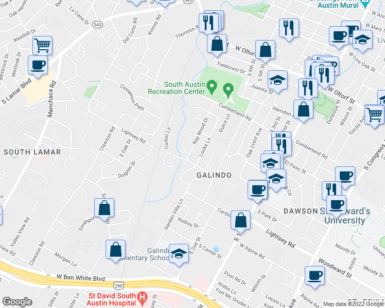 map of restaurants, bars, coffee shops, grocery stores, and more near 3103 Ray Wood Drive in Austin