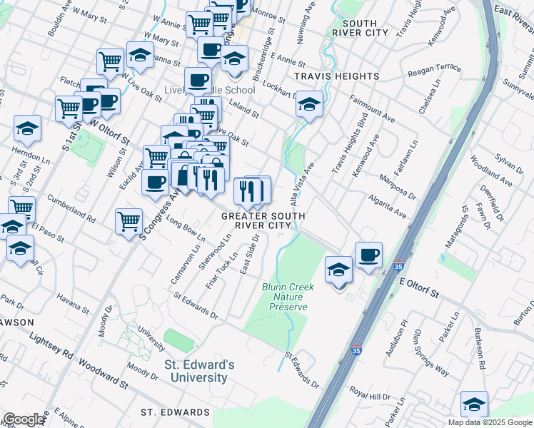 map of restaurants, bars, coffee shops, grocery stores, and more near in Austin