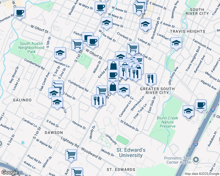 map of restaurants, bars, coffee shops, grocery stores, and more near 2510 South Congress Avenue in Austin