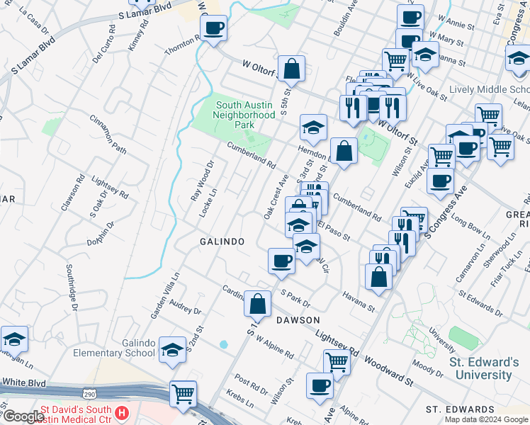 map of restaurants, bars, coffee shops, grocery stores, and more near 2905 Oak Crest Avenue in Austin