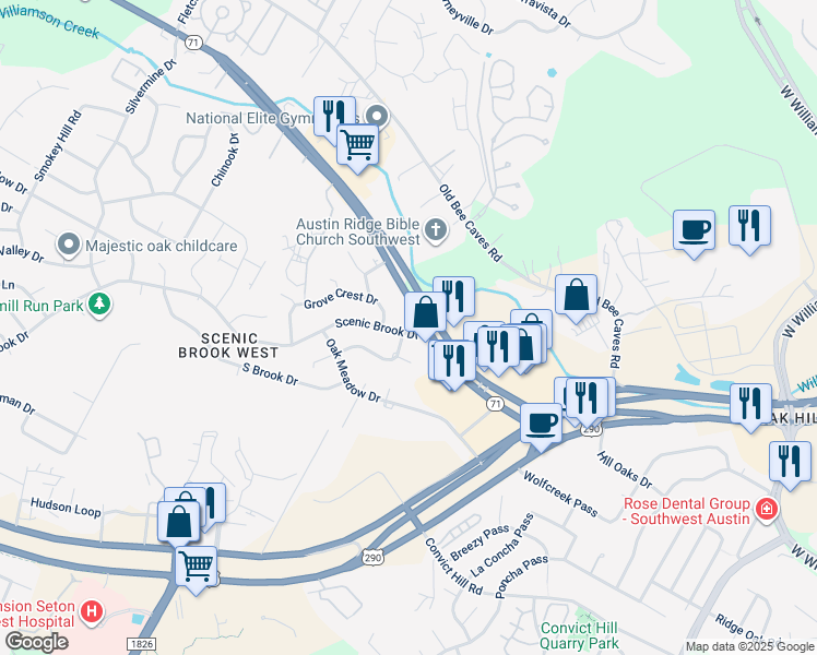 map of restaurants, bars, coffee shops, grocery stores, and more near 6916 Scenic Brook Drive in Austin