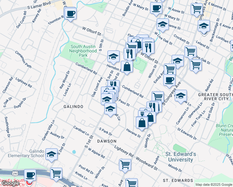 map of restaurants, bars, coffee shops, grocery stores, and more near 2715 South 1st Street in Austin