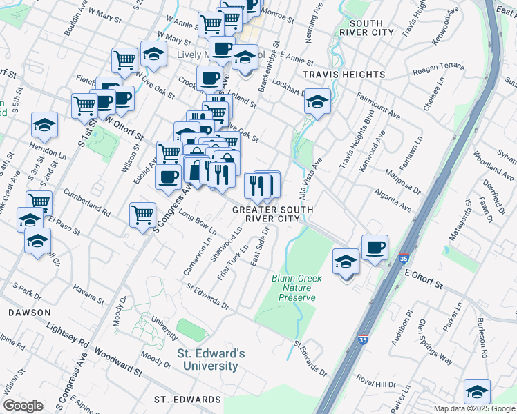 map of restaurants, bars, coffee shops, grocery stores, and more near 534 East Oltorf Street in Austin