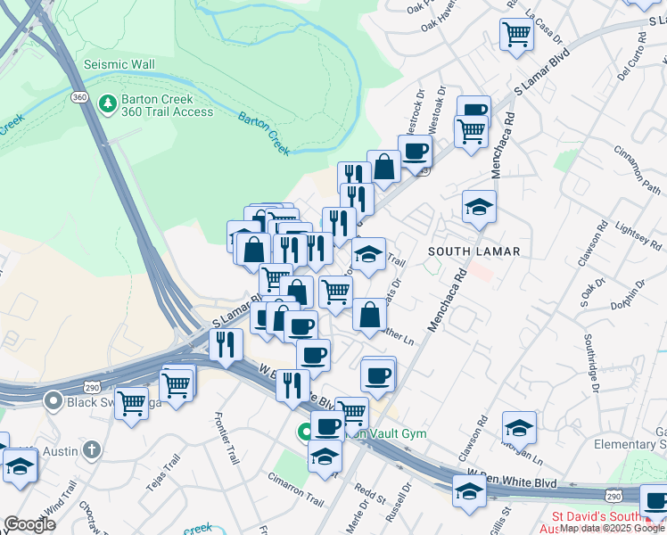map of restaurants, bars, coffee shops, grocery stores, and more near 3901 South Lamar Boulevard in Austin