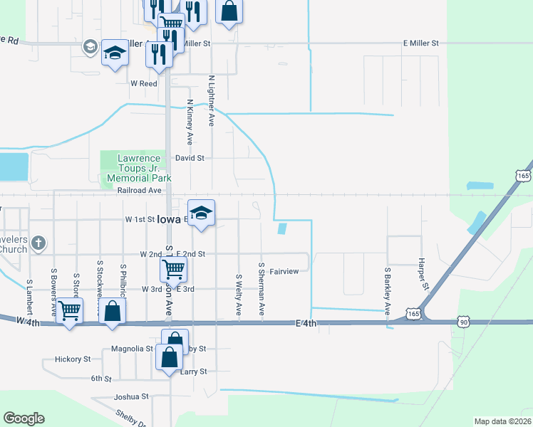 map of restaurants, bars, coffee shops, grocery stores, and more near 103 South Sherman Avenue in Iowa
