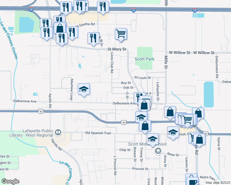 map of restaurants, bars, coffee shops, grocery stores, and more near 804 Lions Club Road in Scott