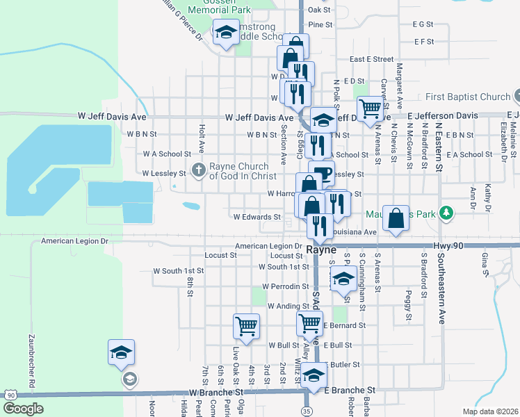 map of restaurants, bars, coffee shops, grocery stores, and more near 401 Haley Alley in Rayne