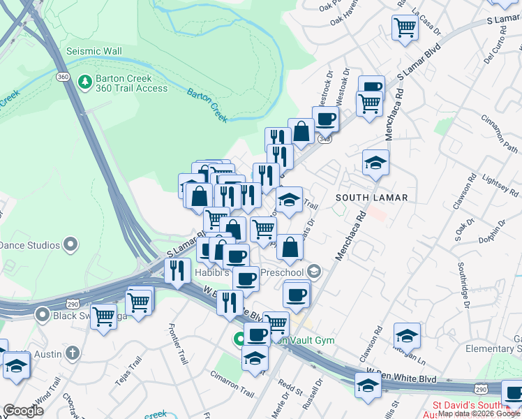map of restaurants, bars, coffee shops, grocery stores, and more near 3901 South Lamar Boulevard in Austin