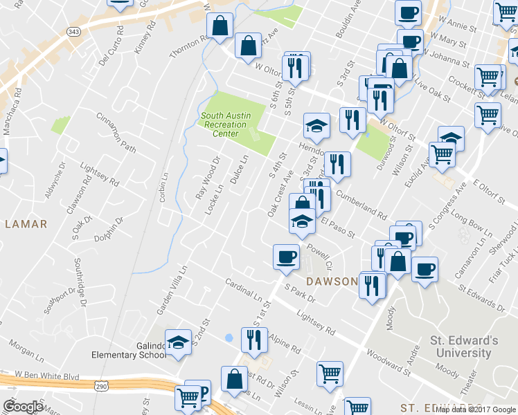 map of restaurants, bars, coffee shops, grocery stores, and more near Terrell Hill Dr & S 4th St in Austin