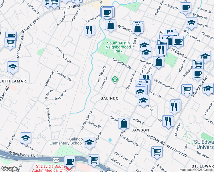 map of restaurants, bars, coffee shops, grocery stores, and more near 3004 Garden Villa Lane in Austin