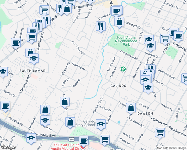map of restaurants, bars, coffee shops, grocery stores, and more near 3100 Corbin Lane in Austin