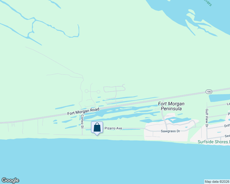 map of restaurants, bars, coffee shops, grocery stores, and more near 5781 Alabama 180 in Gulf Shores