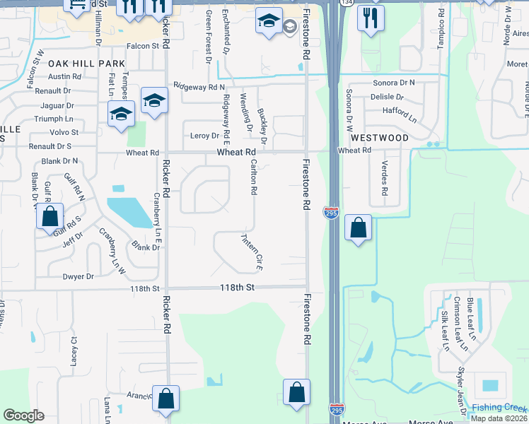 map of restaurants, bars, coffee shops, grocery stores, and more near 6205 Carlton Road in Jacksonville