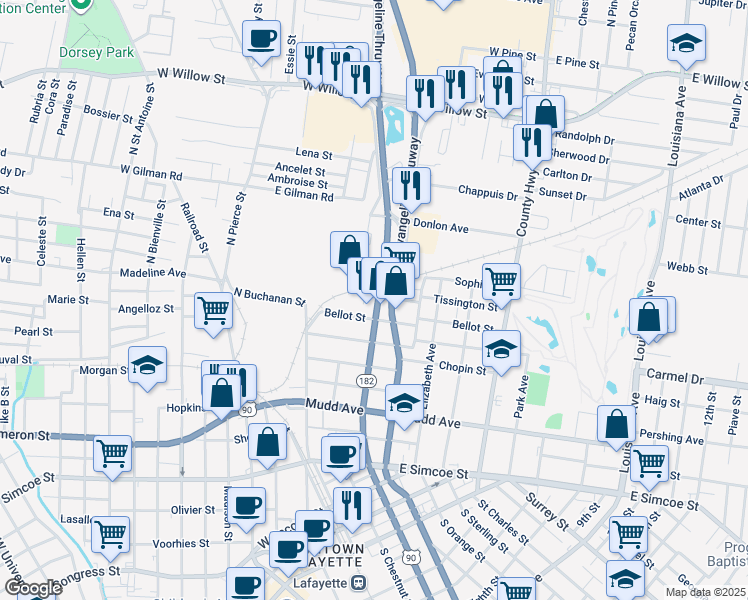 map of restaurants, bars, coffee shops, grocery stores, and more near 1019 Northwest Evangeline Thruway in Lafayette