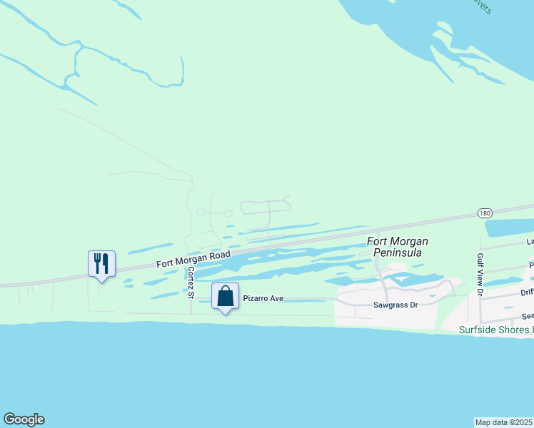 map of restaurants, bars, coffee shops, grocery stores, and more near 5781 Alabama 180 in Gulf Shores