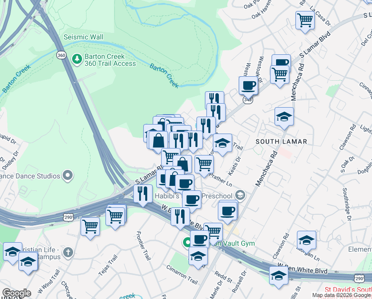 map of restaurants, bars, coffee shops, grocery stores, and more near 3909 South Lamar Boulevard in Austin