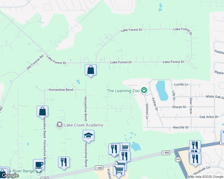 map of restaurants, bars, coffee shops, grocery stores, and more near 15199 Moonlight Trail in Conroe