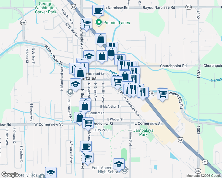 map of restaurants, bars, coffee shops, grocery stores, and more near 434 East Josephine Street in Gonzales