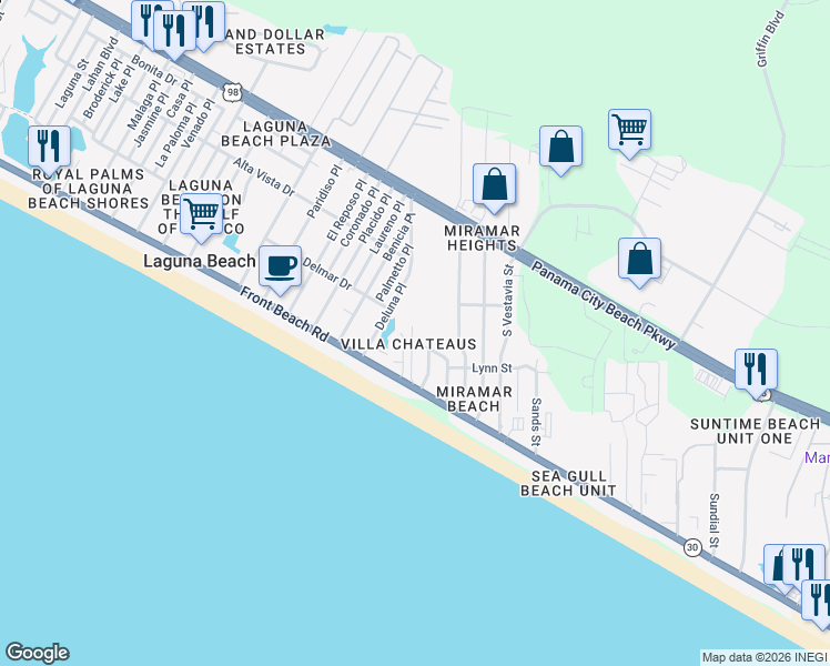 map of restaurants, bars, coffee shops, grocery stores, and more near in Panama City Beach