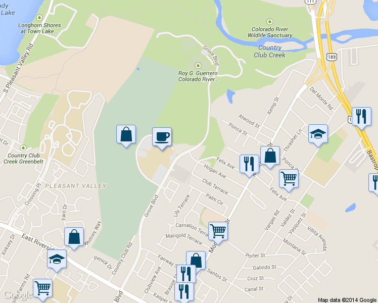 map of restaurants, bars, coffee shops, grocery stores, and more near Grove Blvd & Hogan Ave in Austin