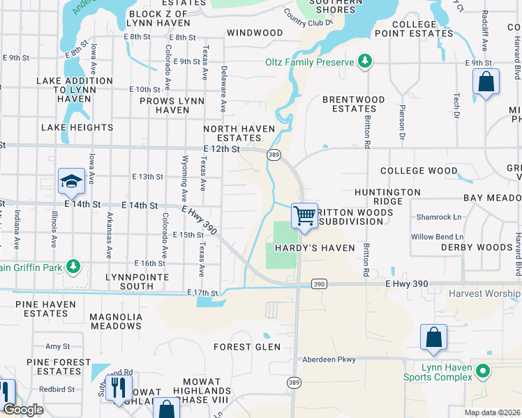 map of restaurants, bars, coffee shops, grocery stores, and more near 1610 East 14th Court in Lynn Haven