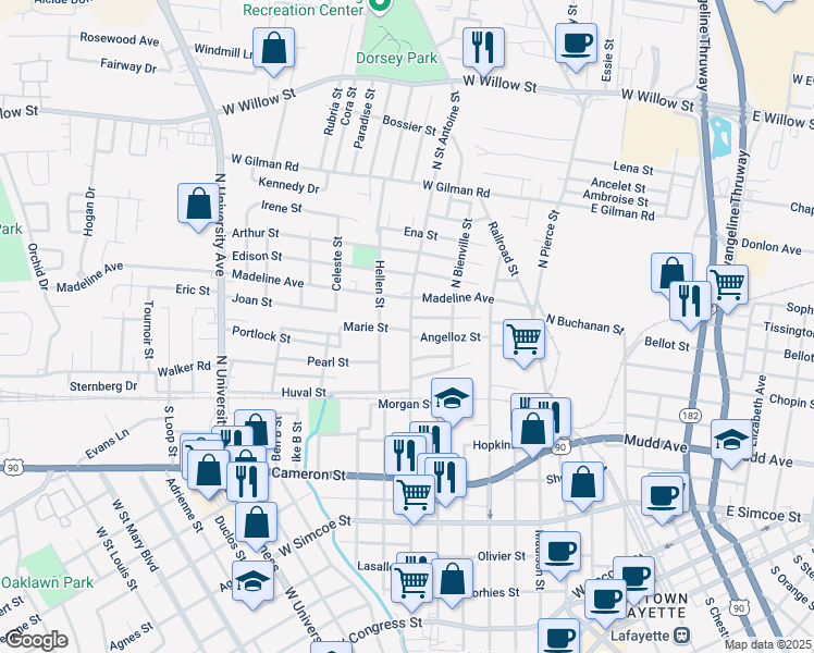 map of restaurants, bars, coffee shops, grocery stores, and more near 401-403 N St Antoine St in Lafayette