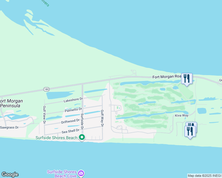 map of restaurants, bars, coffee shops, grocery stores, and more near 6727 Kiva Way in Gulf Shores