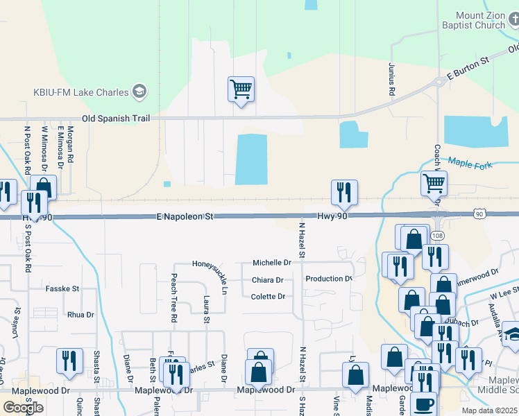 map of restaurants, bars, coffee shops, grocery stores, and more near 3123 East Napoleon Street in Sulphur
