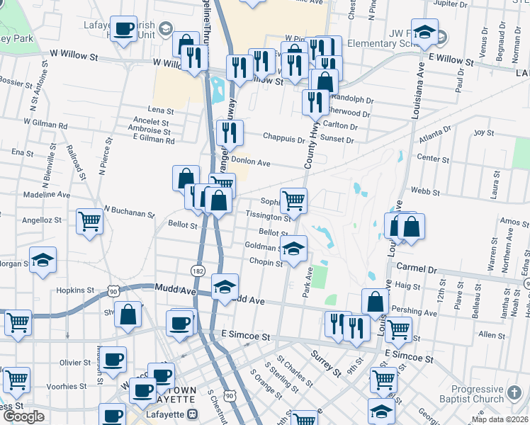 map of restaurants, bars, coffee shops, grocery stores, and more near 314 Tissington Street in Lafayette