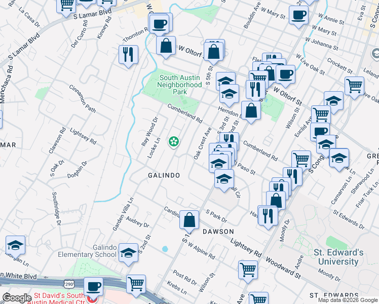 map of restaurants, bars, coffee shops, grocery stores, and more near 804 Terrell Hill Drive in Austin