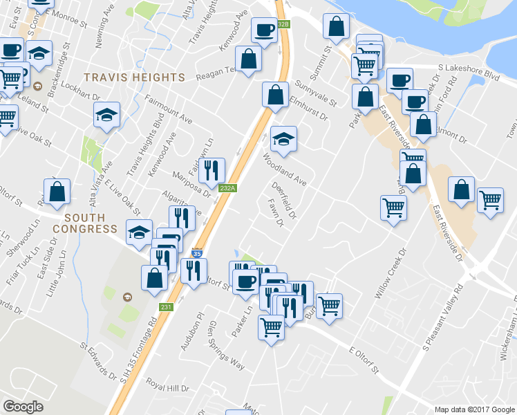 map of restaurants, bars, coffee shops, grocery stores, and more near Matagorda Street in Austin