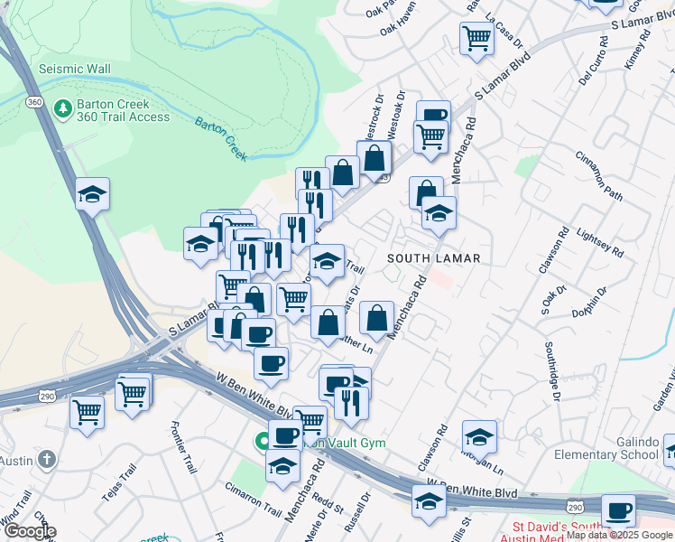 map of restaurants, bars, coffee shops, grocery stores, and more near 2309 Panther Trail in Austin