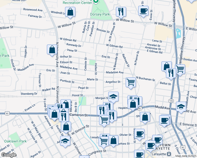 map of restaurants, bars, coffee shops, grocery stores, and more near 401 North Saint Antoine Street in Lafayette