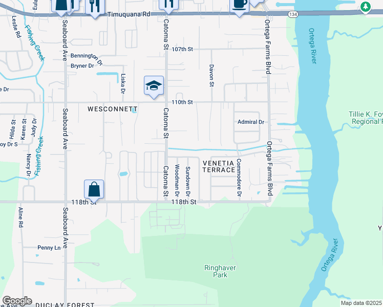 map of restaurants, bars, coffee shops, grocery stores, and more near 5333 Lamar Drive in Jacksonville