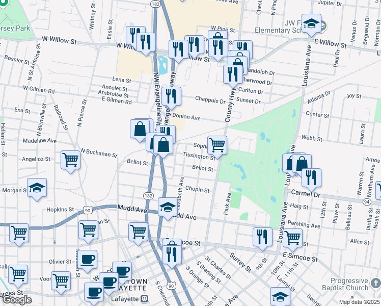 map of restaurants, bars, coffee shops, grocery stores, and more near 307 Tissington Street in Lafayette