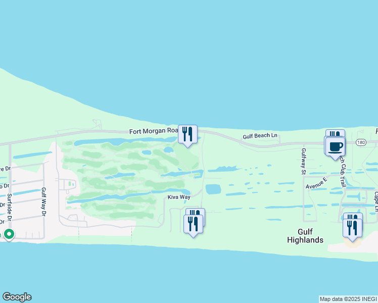 map of restaurants, bars, coffee shops, grocery stores, and more near Plantation Road in Gulf Shores