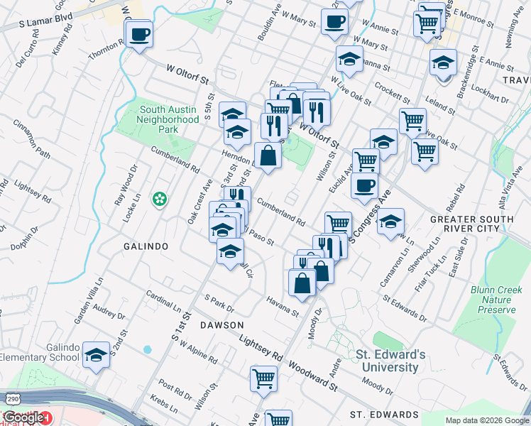 map of restaurants, bars, coffee shops, grocery stores, and more near 2702 La Mesa Drive in Austin
