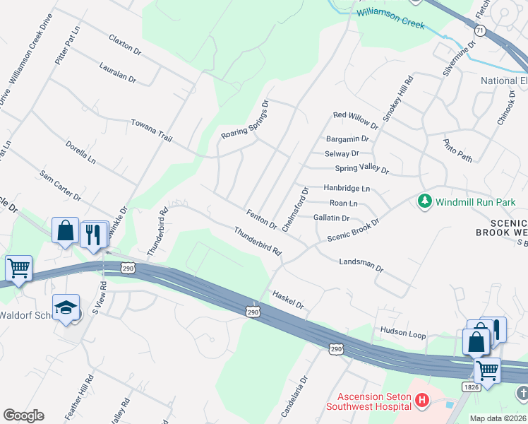 map of restaurants, bars, coffee shops, grocery stores, and more near 8605 Fenton Drive in Austin