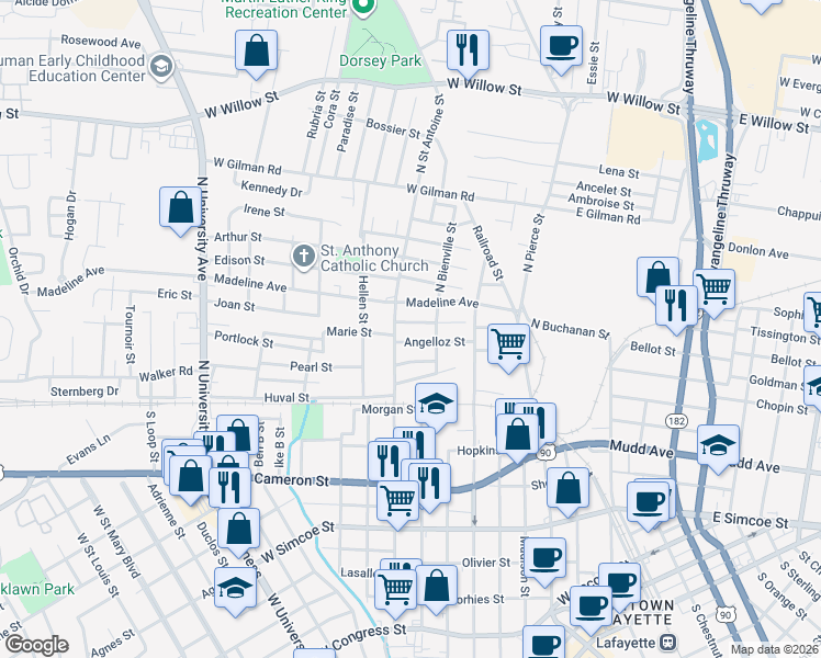 map of restaurants, bars, coffee shops, grocery stores, and more near 401-403 N St Antoine St in Lafayette