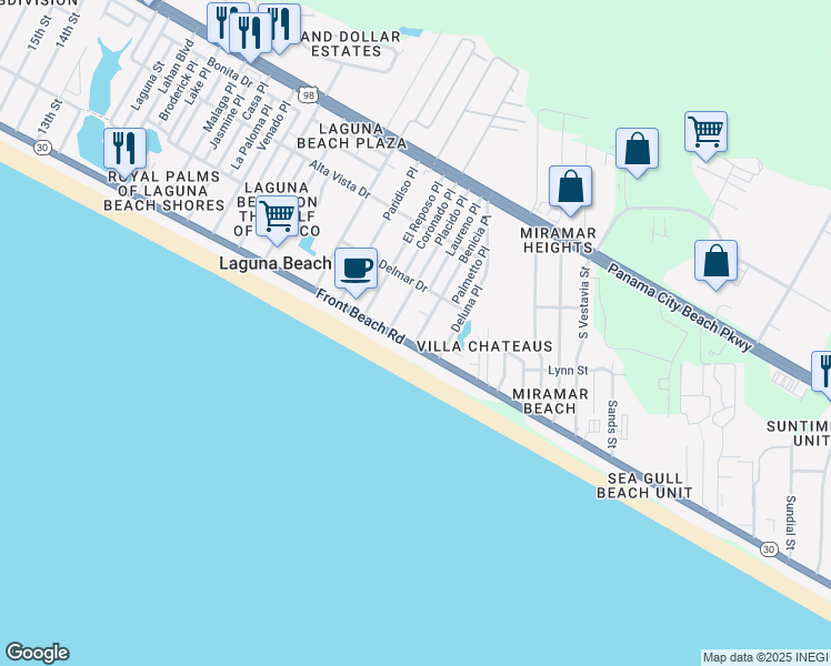 map of restaurants, bars, coffee shops, grocery stores, and more near 103 Benicia Place in Panama City Beach