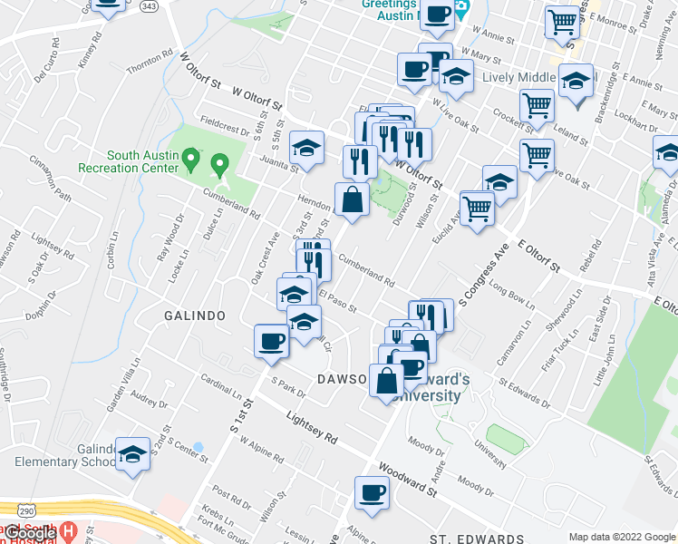 map of restaurants, bars, coffee shops, grocery stores, and more near 2706 Stacy Lane in Austin