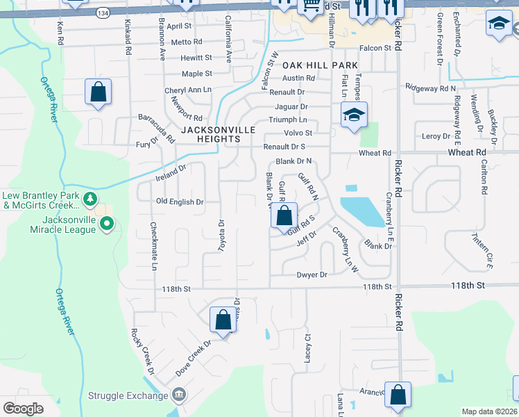 map of restaurants, bars, coffee shops, grocery stores, and more near 8007 Violet Willow Lane in Jacksonville